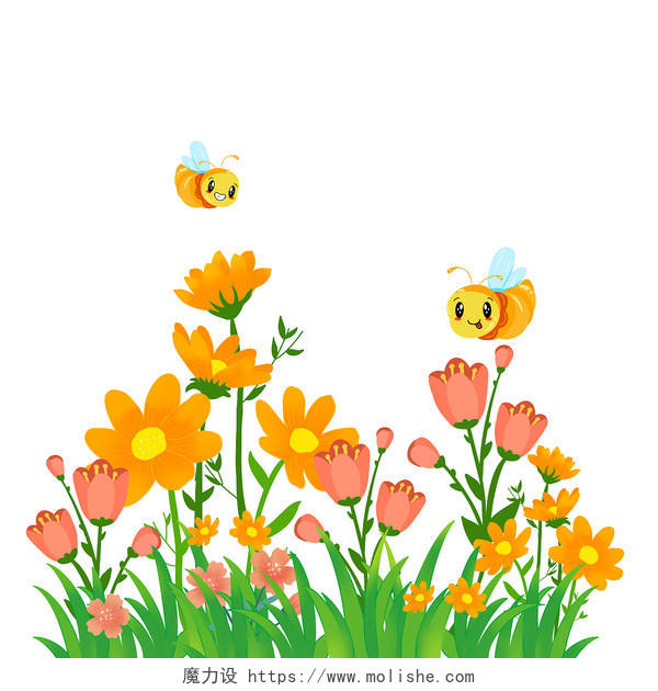 春天花草植物卡通花朵绿色枝叶花朵蜜蜂采蜜春分png元素
